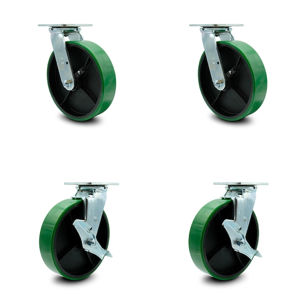 8 Inch Green Poly on Cast Iron Swivel Caster Set with Roller Bearing 2 Brake SCC